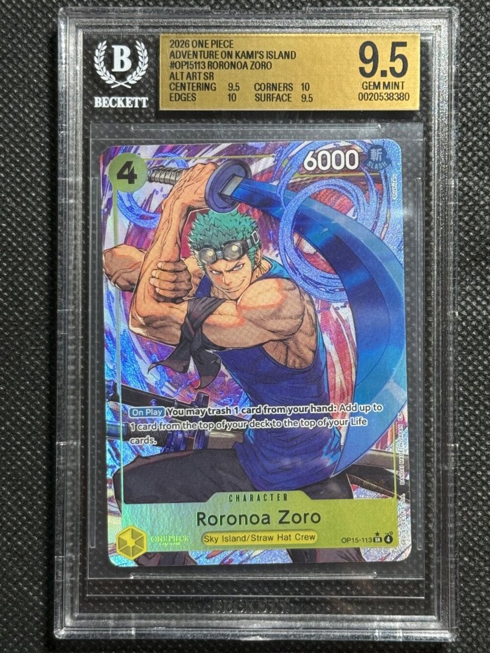 2026 ONE PIECE ADVENTURE ON KAMI'S ISLAND ALT ART OP15-113 RORONOA ZORO BGS 9.5